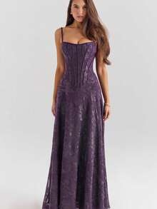 Nuevo Vestido Largo de Gala con Encaje y Apliques Florales Tirantes Delgados - Morado - Ver 3