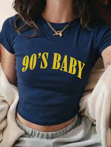 Women's Round Neck Short Sleeve T-Shirt, Summer New Letter Print, Fashion Slim Fit Cropped Top, Suitable For Daily Wear Casual - Dark Blue - View 2