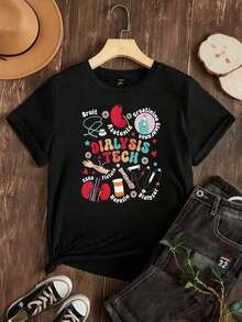Camiseta de Mujer Casual con Cuello Redondo, Opciones en Blanco y Negro, Estampado Gráfico de Corazón y Riñón para Técnicos de Diálisis, Camisetas para Uso Diario, Tops de Verano, Camisetas Gráficas, Conjuntos de Verano, Camisetas Cortas para Mujer, Ropa Linda de Algodón Vintage para Mujer, Playera Holgada para Mujer - Negro - Ver 2