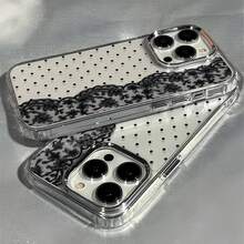 1pc Metal Button Transparent Case, Minimalist Lens Protection Sexy Lace Polka Dot Pattern Phone Case, Personalized For IPhone 16 Pro Max, 17/16/15/14 Plus, 13/12/11, Air - Multicolor - View 4