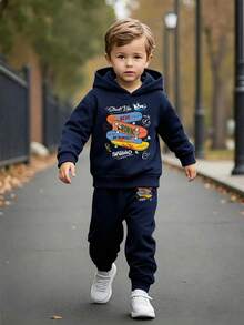 Toddler Skateboard Pattern Warm Hoodie Sweatshirt And Sports Pants Set - Royal Blue - View 7