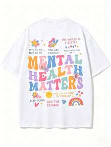 Camiseta Casual Holgada para Mujer con Estampado "La Salud Mental Importa", Transpirable y Cómoda, de Manga Corta y Cuello Redondo, Color Negro Lavado Vintage con Frases Inspiradoras y Estampado de Arcoíris, Algodón Suave, Perfecta para Uso Diario y Estilo Urbano Retro. - Blanco - Ver 2
