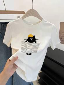 Diseño Simple y Versátil Primavera/Verano Casual Cuello Redondo a la Moda Corte Holgado Versátil Camiseta de Manga Corta para Mujer Camiseta Estampada de Algodón - Blanco - Ver 1