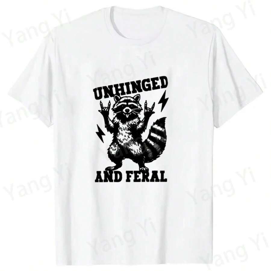 Camiseta de Moda con Estampado de Mapache y Gesto Rockero, Manga Corta, para Hombre y Mujer, Diseño Creativo y Personalizado - Blanco - Ver 1