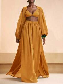 Conjunto de kimono y pantalones palazzo elegantes y casuales para la playa, 2026 - Amarillo - Ver 4