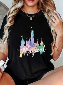 Women's T-Shirt With Watercolor Magic Castle Design - Short-Sleeved, Crew-Neck T-Shirt For Women With A Soft, Fairytale Design. Soft And Breathable, Ideal For Summer, Suitable For Women, A Perfect Gift For Birthday Parties Or For Casual Everyday Wear. Women's T-Shirts. - 黑色 - 查看 12
