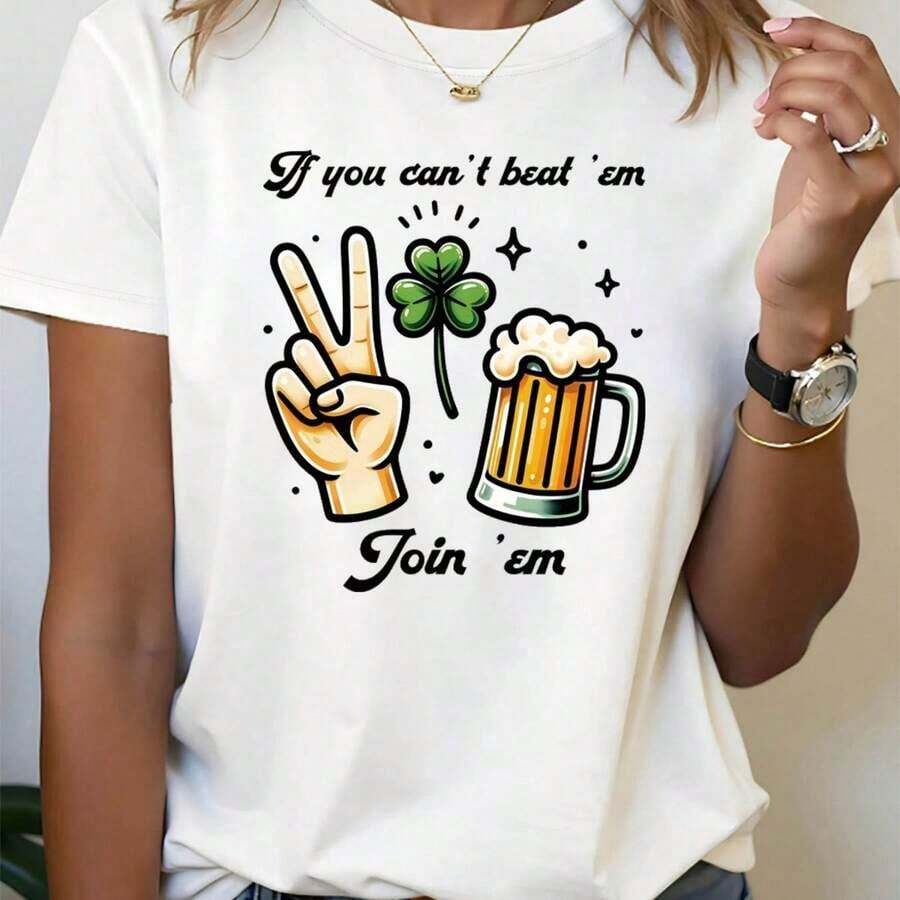 Camiseta con estampado gráfico, manga corta, cuello redondo, estilo casual, F-9, alta calidad - Blanco - Ver 1