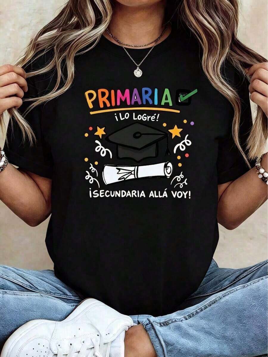 Women's Clothing 1pc Soft Fabric 100% Women's Spring/Summer T-Shirt With Graduation Theme Print "ELEMENTARY SCHOOL I DID IT", Suitable For Elementary School Graduation Photoshoots, Graduation Parties, Graduation Ceremonies, And Commemorative Graduation Season Outfits. Short Sleeves, Can Be Worn For Everyday Wear. High Quality 100% Cotton Women's Shirts - 黑色 - 查看 1