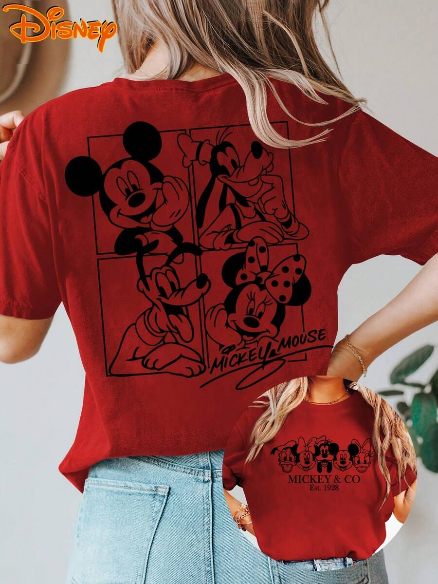 Women'S Disney Short-Sleeve T-Shirt Featuring A Easy Retro Cartoon Design With Mickey Mouse Family In A Four-Square Double-Sided Print. This Round-Neck Summer Tee Is Suitable For Spring, Summer, And Autumn, Perfect For A Disney Trip - 紅色 - 查看 1