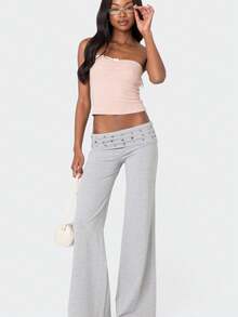 Womenacute;s Wide Leg Pants High Waist Folded Studded Waistline Black Loose Casual Pants - Gris - Ver 2