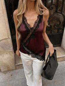 Blusa negra de mujer casual y elegante con cuello en V sin mangas, con encaje, recortes de encaje y bajo irregular, adecuada para uso diario/Día del maestro/atuendo de negocios/viajes/vacaciones relajantes.Blusa negra de encaje, blusa negra de e - Burdeos - Ver 4