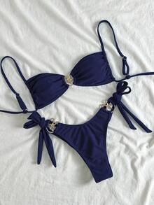 Swim Mod Conjunto de bikini sexy con decoración de estrella de mar metálica, unicolor, con lazos ajustables a los lados para mujer - Azul - Ver 2