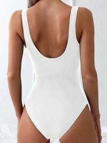 Traje de baño de una pieza con espalda descubierta y unicolor, adecuado para vacaciones en la playa - Blanco - Ver 2