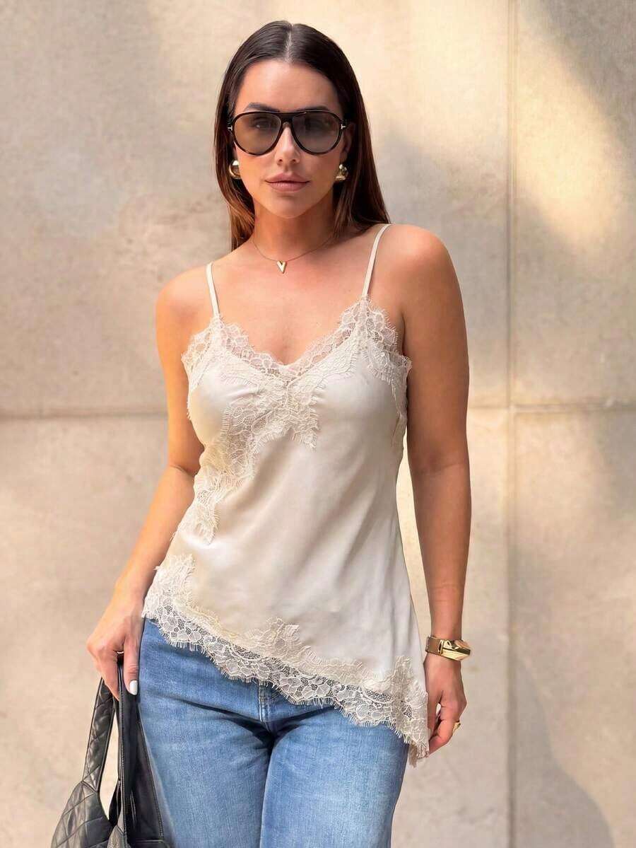 2026 MUMRAP Women's Solid Color Contrast Lace Asymmetric Sleeveless Tank Top, Elegant Loose Backless Casual Summer Top - 淺灰色 - 查看 1