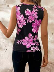 Camiseta de mujer con cuello de concha y estampado floral - Rosa Fucsia 2 - Ver 2