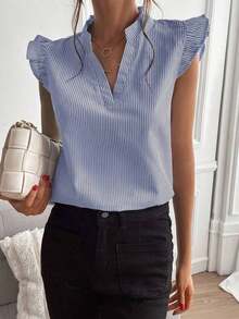 Blusa de mujer de verano casual con cuello con muesca a rayas y volantes en el bajo - Azul - Ver 6