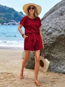 Conjunto de top de manga corta y pantalones cortos de unicolor para mujer, ideal para vacaciones - Burdeos - Ver 4