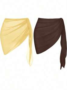 Conjunto de falda cubierta de verano para mujeres en vacaciones en la playa con cintura ajustable y unicolor - Amarillo claro - Ver 1