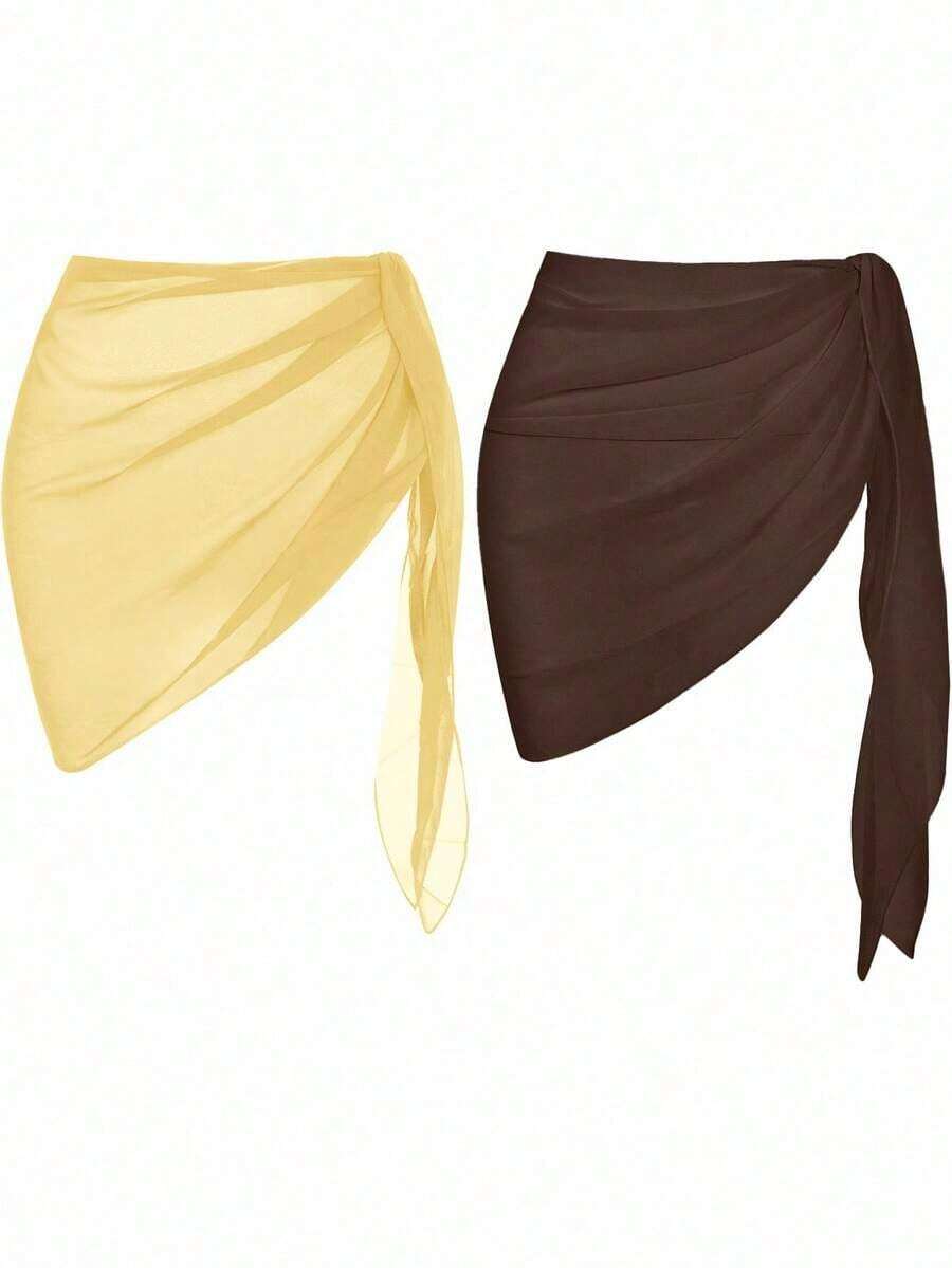 Conjunto de falda cubierta de verano para mujeres en vacaciones en la playa con cintura ajustable y unicolor - Amarillo claro - Ver 1