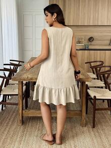 Vestido corto sin mangas de línea A con cuello asimétrico, botones, tela texturizada y volante en el bajo, para mujer de talla grande, ropa casual de resort para primavera/verano - Albaricoque - Ver 2
