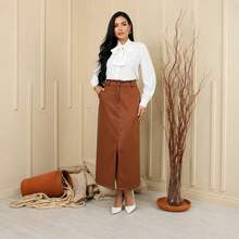 ELEGANT TAILORED LONG SKIRT - 卡其色 - 查看 2