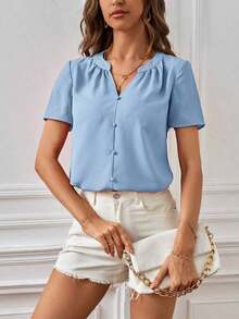 Blusa casual de mujer de unicolor con cuello en V y manga corta - Celeste - Ver 6