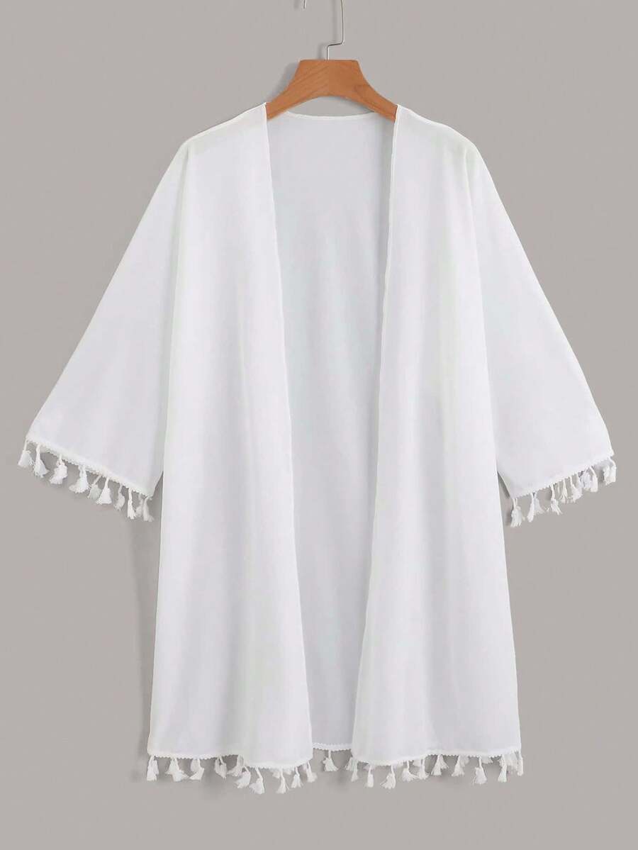 Kimono suelto con mangas con flecos de unicolor para mujer, adecuado para vacaciones - Blanco - Ver 1