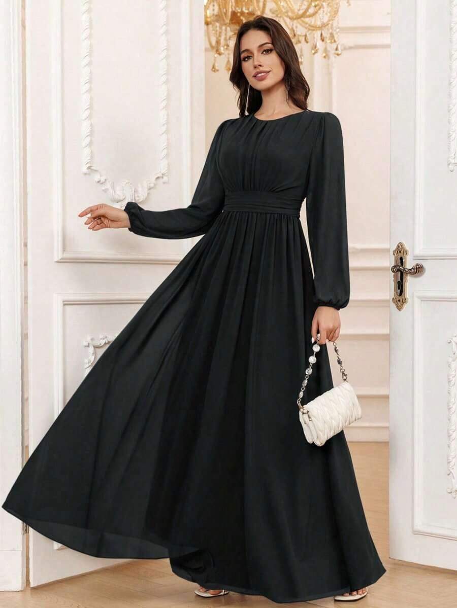 Vestido de dama de honor formal de gasa de manga larga hasta el suelo con corte evasé, color borgoña elegante, vestido de invitada de boda, mangas sin forro, primavera - Negro - Ver 1