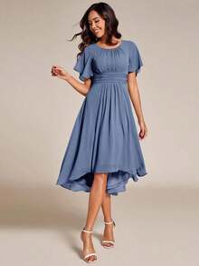 Vestido de dama de honor de gasa con pliegues y mangas con volantes, vestido de noche elegante para invitados de boda en primavera - Niebla azul 2 - Ver 4