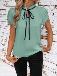 Camisa de mujer de manga corta, con lazo, volantes, a cuadros, elegante y casual para vacaciones y picnic, primavera/verano - Verde Oliva - Ver 3