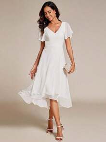 Vestido midi elegante de gasa de unicolor con cuello en V, manga corta y volante en el bajo, vestido blanco formal, nuevo vestido de primavera/verano para fiesta de novia, boda, compromiso - Blanco - Ver 5