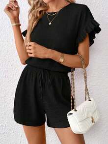 Top de manga con volante & Shorts de cintura con cordón - Negro - Ver 4