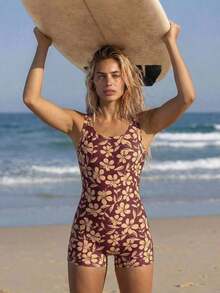 Traje de baño de una pieza con estampado floral retro y bloques de color con diseño sin espalda, de moda para el verano - Multicolor 4 - Ver 3