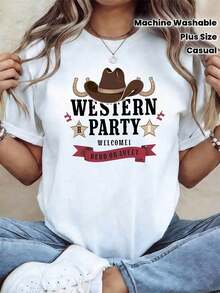 Playera minimalista moderna para fiesta temática western, con estampado de sombrero de vaquero y herradura, camiseta de talla grande para mujer, primavera-verano. Adecuada para acampadas al aire libre, estilo callejero único, top de manga corta para uso diario. - Blanco - Ver 7