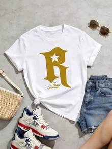 Camiseta de manga corta con cuello redondo suave y casual para mujer, con estampado gráfico de la letra R en forma de estrella, adecuada para uso diario en primavera y verano. Negro. - Blanco - Ver 5
