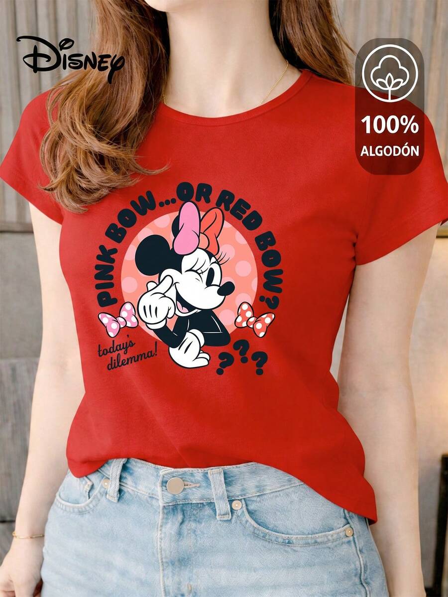 Women's T-Shirt Made Of 100% High-Quality Cotton, This T-Shirt Guarantees Exceptional Softness To The Touch, Round Neck With "Disney Minnie Pink Or Red Bow" Print And Short Sleeves - 紅色 - 查看 1