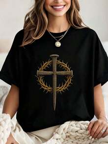 T-Shirt Of The Cross Of Thorns, Nail Cross, Christian Faith, Jesus The King, Women's T-Shirt, Graphic T-Shirts, Crop Tops, Sets, Tops, T-Shirt - 黑色 - 查看 1