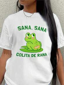 Camiseta de manga corta ligera y duradera, diseñada con un estampado de rana, perfecta para descansar en casa o salir a comer. Presenta un estampado verde de Sana Sana Colita De Rana, lo que garantiza un ajuste cómodo y es adecuada para el uso diario.blusas para mujer>ropa - Blanco - Ver 1