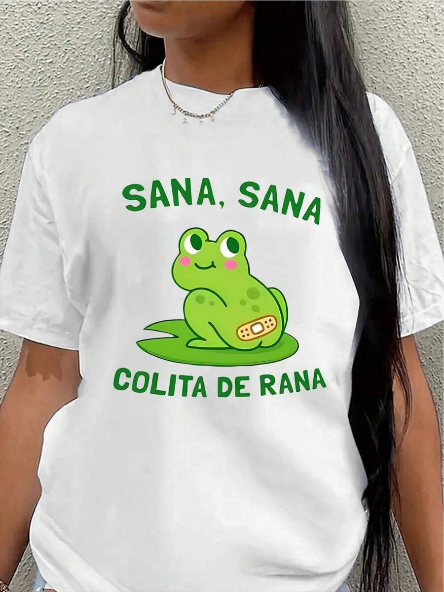 Camiseta de manga corta ligera y duradera, diseñada con un estampado de rana, perfecta para descansar en casa o salir a comer. Presenta un estampado verde de Sana Sana Colita De Rana, lo que garantiza un ajuste cómodo y es adecuada para el uso diario.blusas para mujer>ropa - Blanco - Ver 1