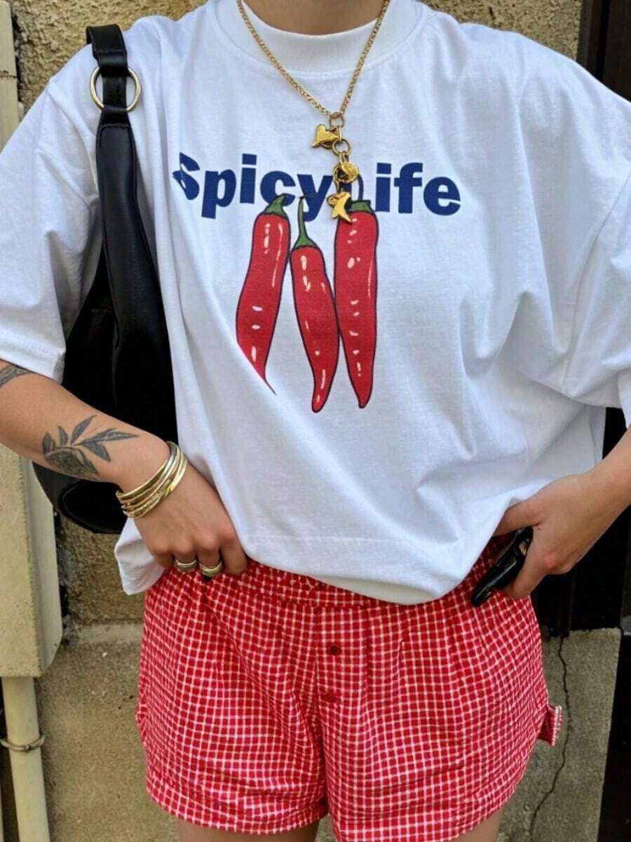 Cool T-Shirt, Aesthetic Casual Wear, Loose Fit, Baggy Style, Women's Summer T-Shirt, Y2k, Short Sleeve, With Fruit Graphic Print, Short Sleeve Fashion. - 白色 1 - 查看 1