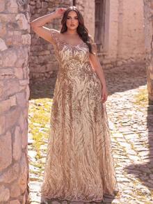 Plus Size Elegant Off-Shoulder Sequin Mesh Prom Dress - Champagne - View 3