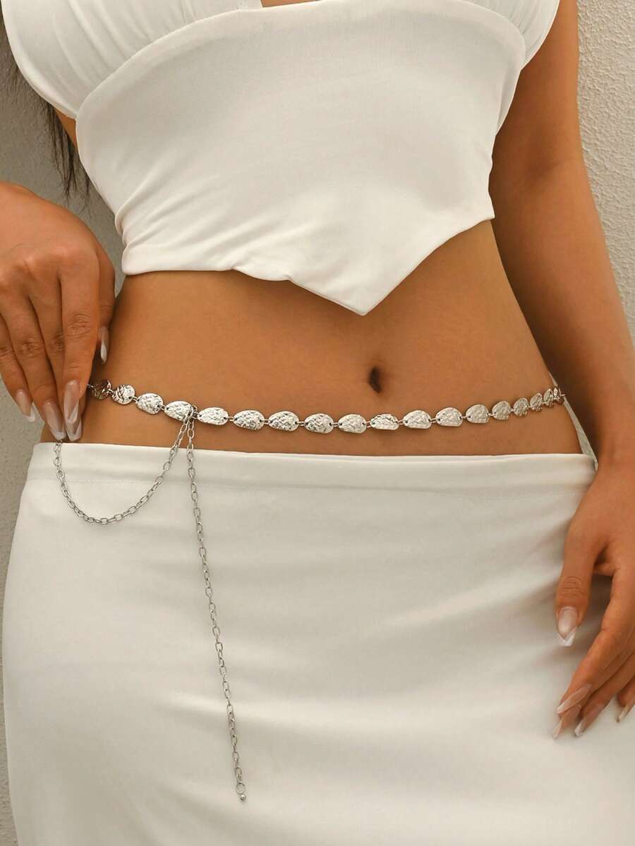 1pc Asymmetrical Geometric Hammered Metal Disc Chain Body Chain, Fashionable Punk Exaggerated High-End Design Gold Waist Chain, Suitable For Summer Vacation, Beach, Music Festival, Party, Valentine's Day, Mother's Day Gift For Family And Loved Ones - Silver - View 1