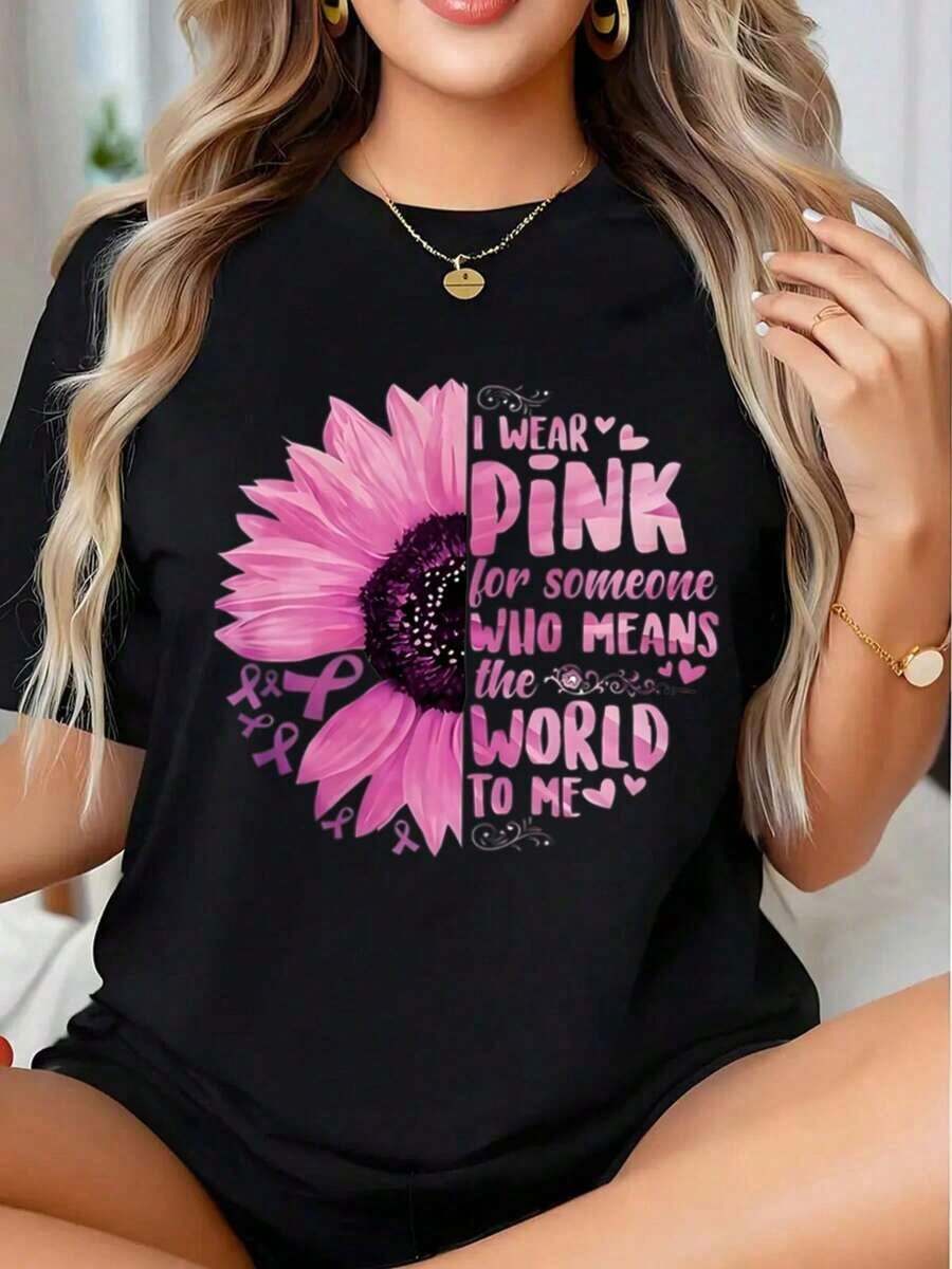 I Wear Pink For Someone Who Means A Lot To Me - Sunflower Design Breast Cancer Awareness T-Shirt - Urban Vintage Style, Unisex, Cotton, Short Sleeve, Crew Neck, 100% Cotton. - 黑色 - 查看 1