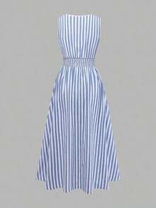 XHEGlowEve Vestido midi de línea A con cintura de parche de rayas azules y blancas de algodón y lino, con recorte de encaje hueco, elegante y encantador para uso diario, vacaciones, citas, moda de calle francesa, retro y versátil para primavera y verano, nuevo diseño sin mangasXHE - Multicolor 2 - Ver 2