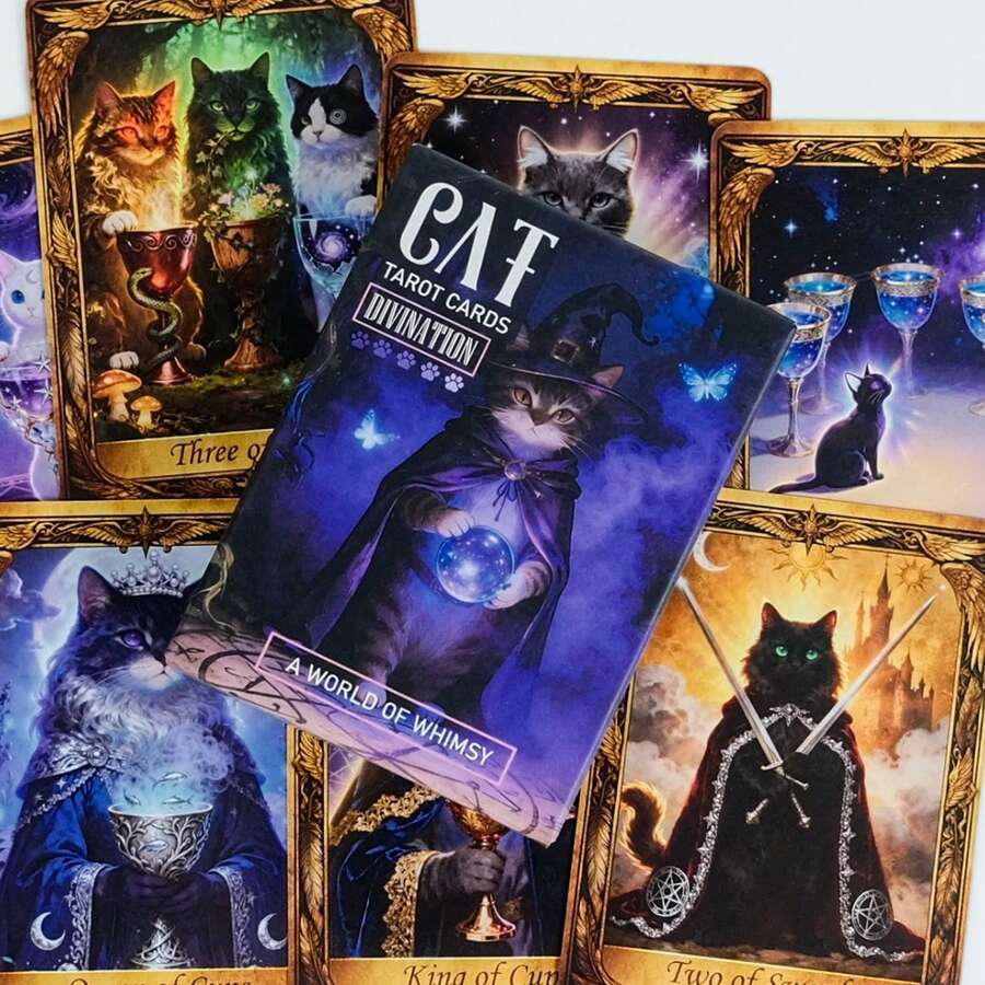 50 piezas Cartas de Tarot de Adivinación de Gato Mágico - Tablero de Juego de Adivinación, Accesorio Interactivo Divertido para Formación de Equipos, Reuniones, Fiestas Familiares - Multicolor - Ver 1