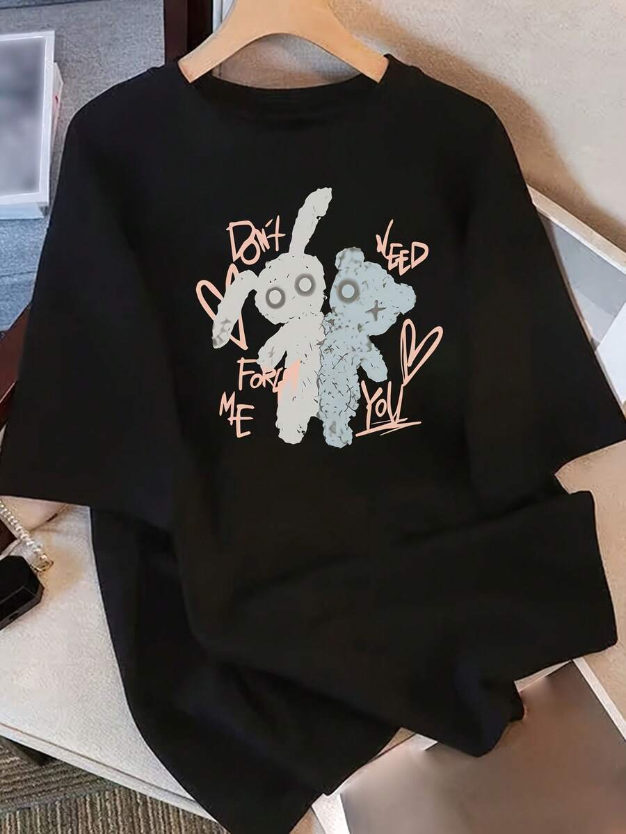Camiseta de mujer% algodón, camisetas vintage de algodón para mujer, de manga corta, diseño único con estampado, nuevo estilo de verano 2026, corte holgado, manga media, top adelgazante para estudiantes y damas. - Negro - Ver 1