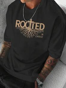 Camiseta unisex de manga corta, camiseta casual de manga corta para hombre con estampado de letras y patrón "Rooted in Christ", playeras hombre, spiderman, ,  mujer, romwe men, boho chic, regalos para maestros, camiseta de mujer, atuendos curvy para hombre, y2k. - Negro - Ver 1