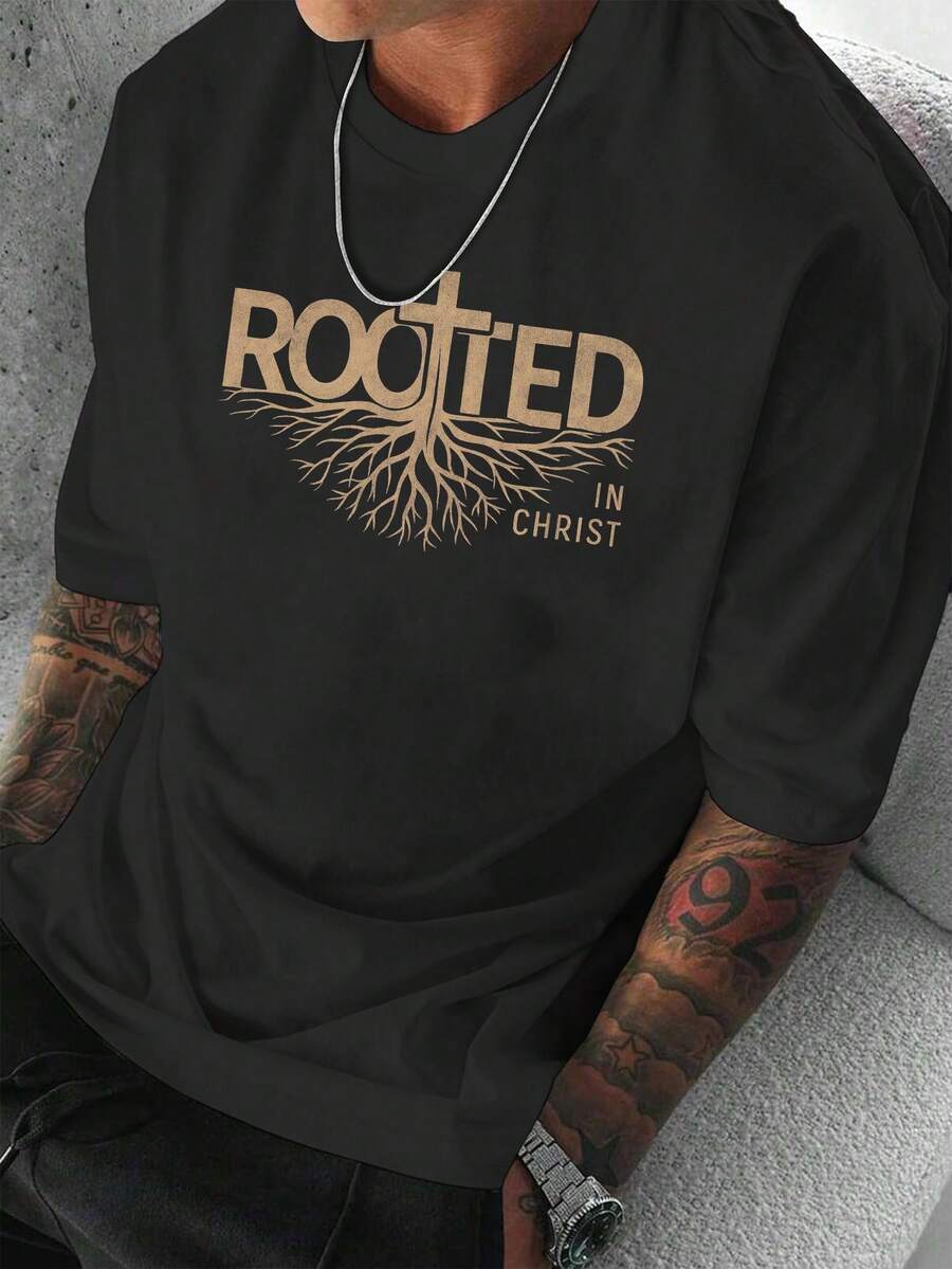 Camiseta unisex de manga corta, camiseta casual de manga corta para hombre con estampado de letras y patrón "Rooted in Christ", playeras hombre, spiderman, ,  mujer, romwe men, boho chic, regalos para maestros, camiseta de mujer, atuendos curvy para hombre, y2k. - Negro - Ver 1