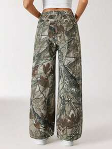 Jeans de mezclilla con estampado de leopardo vintage informal - Verde militar - Ver 2