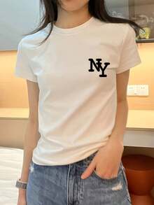 2026Camiseta Casual de Verano para Mujer - Manga Corta, Cuello Redondo, Estampado de Letras, Negro con Letras Blancas, Tejido Ligero y Transpirable para Atuendos Informales, Camisetas para Damas2026 - Blanco - Ver 1
